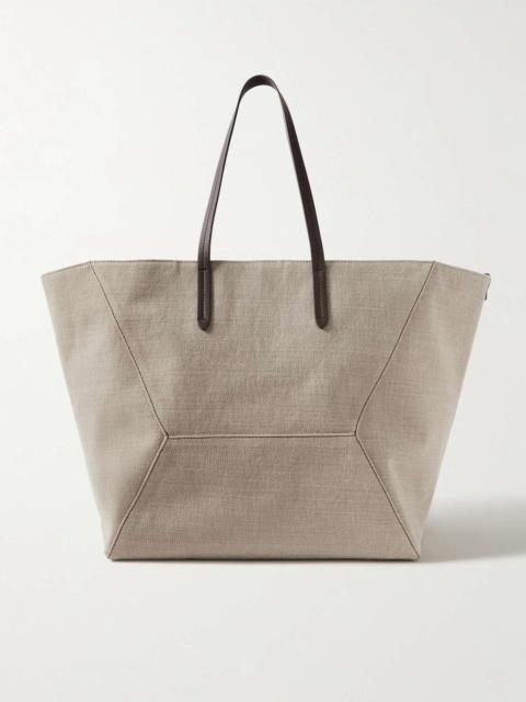 Leather-trimmed bead-embellished cotton and linen-blend canvas tote