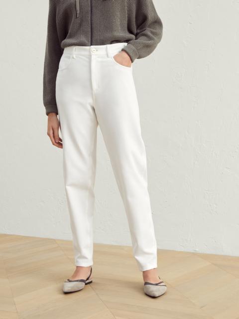 Stretch cotton couture interlock five-pocket curved trousers with shiny tab
