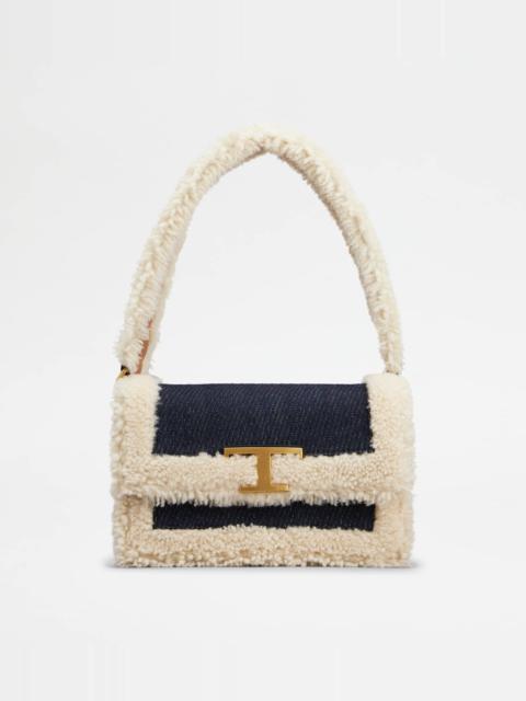 Tod's T TIMELESS SHOULDER BAG IN DENIM AND SHEEPSKIN MINI - OFF WHITE, BLUE