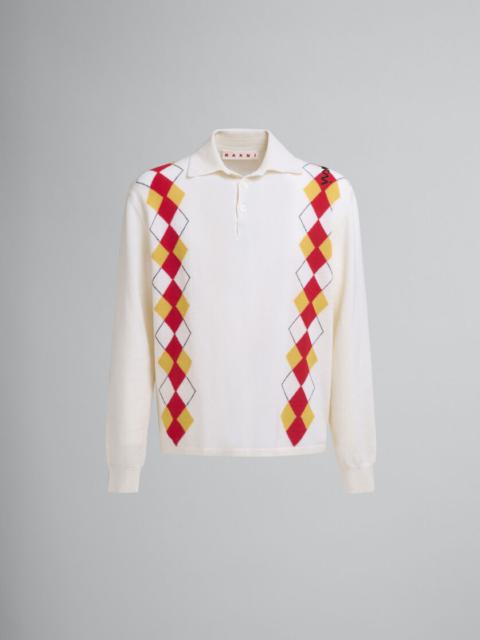 Marni LONG SLEEVED IVORY POLO SHIRT WITH INTARSIA ARGYLE DETAIL