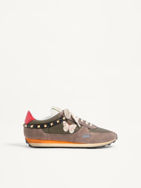 Valentino STUD UP SNEAKER IN SPLIT LEATHER AND NYLON WITH BUTTERFLY EMBROIDERY