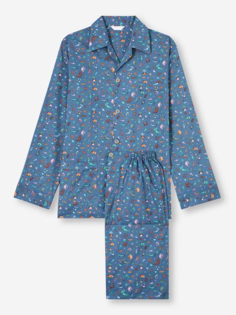 Derek Rose Men's Classic Fit Pajamas Cotton Batiste Blue Sea Friends Print
