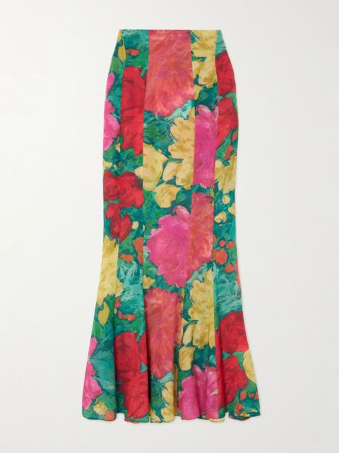 Balmain Paneled floral-print silk maxi skirt Fuchsia