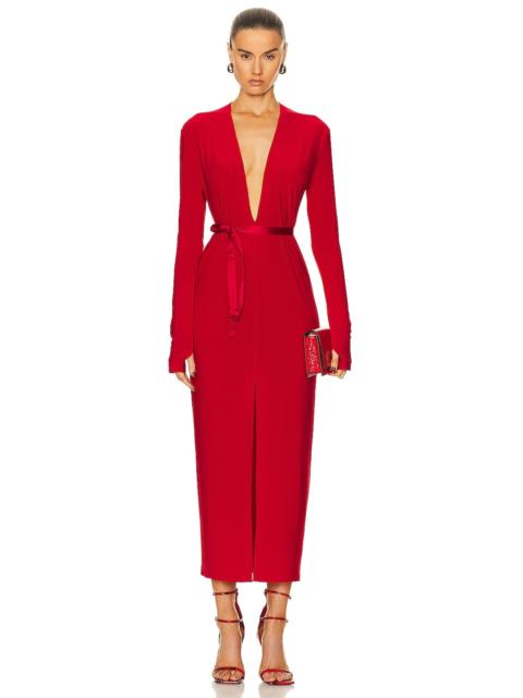 NORMA KAMALI Long Sleeve Deep V Neck Center Front Slit Gown