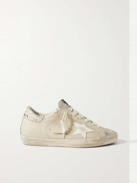 Superstar distressed leather-trimmed suede sneakers