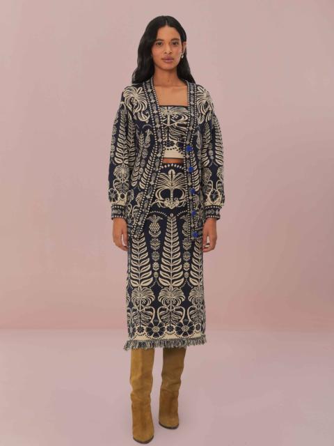 FARM RIO Navy Blue Ainika Tropical Splendor Knit Midi Skirt