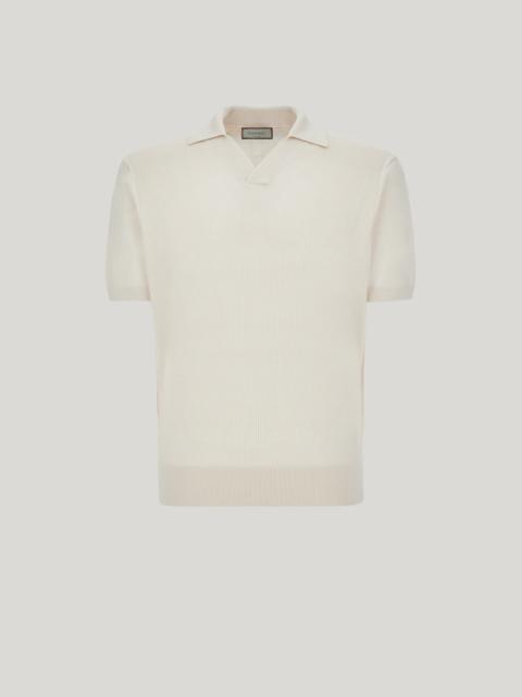 Canali SHORT-SLEEVE OPEN COLLAR POLO IN CREAM COTTON-SILK BLEND