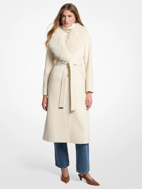 MICHAEL KORS Faux Fur Trim Wool Blend Coat