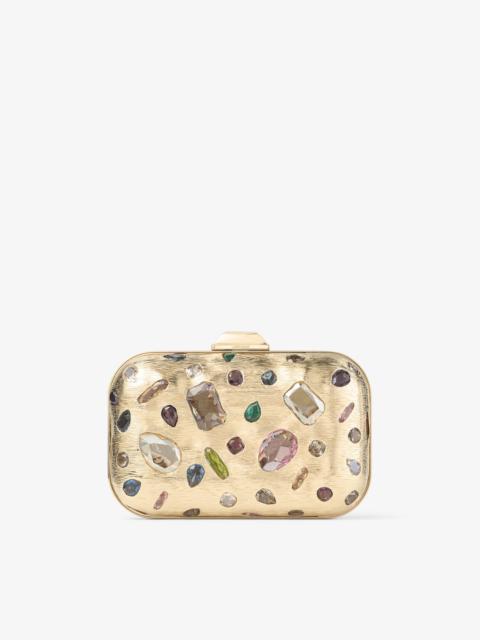 JIMMY CHOO Cloud Gold and Multi Textured Metal and Crystal Clutch Bag with Cube Clasp