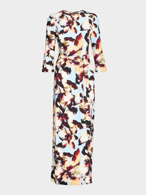 Monique Lhuillier Amber Lily Print Crepe Belted Maxi Dress