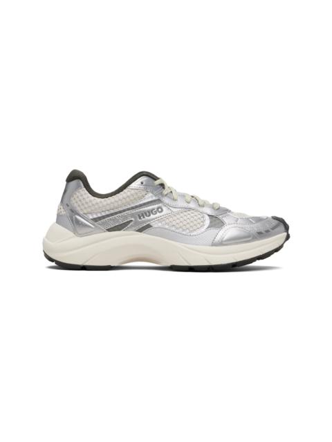 HUGO Silver & Off-White Mesh Faux-Leather Sneakers