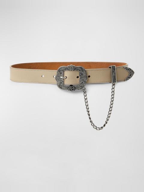 Ralph Lauren Tooled-Buckle Chain-Trim Calfskin Belt