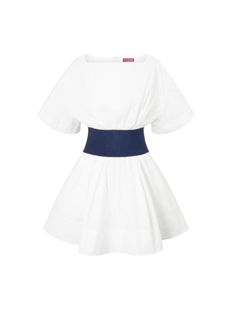 STAUD Amy Denim-Paneled Cotton Poplin Mini Dress navy