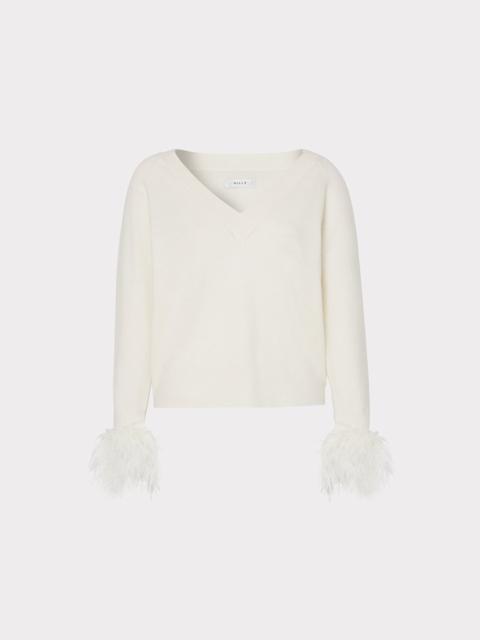 MILLY Feather Cuff V-Neck Sweater