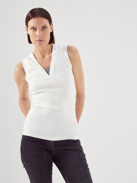 Brunello Cucinelli Stretch cotton ribbed jersey top with precious insert