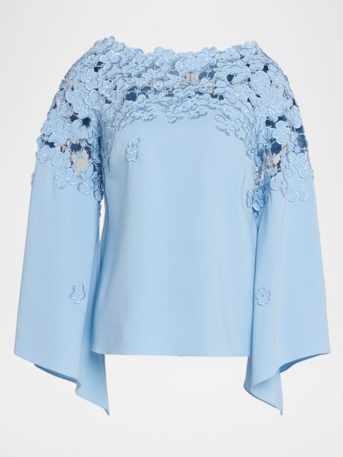 Oscar de la Renta Floral Embroidered Stretch Silk Bell-Sleeve Blouse