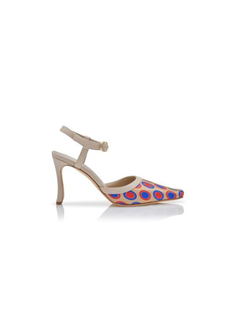Manolo Blahnik Beige Silk Circular Print Ankle Strap Pumps