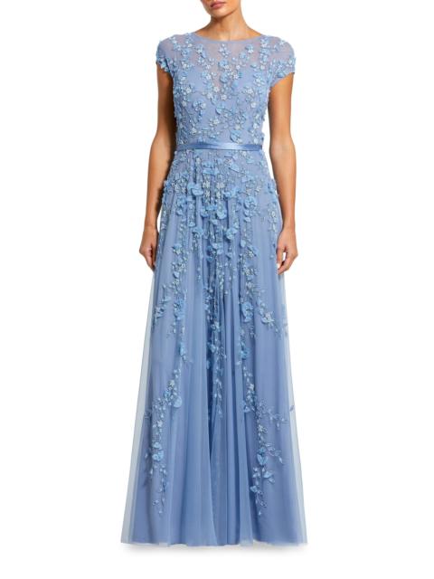 MAC DUGGAL Women's Evening Floral-Embroidered Mesh Gown - Sky Blue