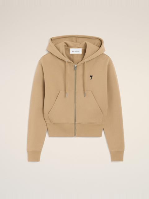 AMI Paris BEIGE ZIPPED COTTON HOODIE WITH AMI DE COEUR