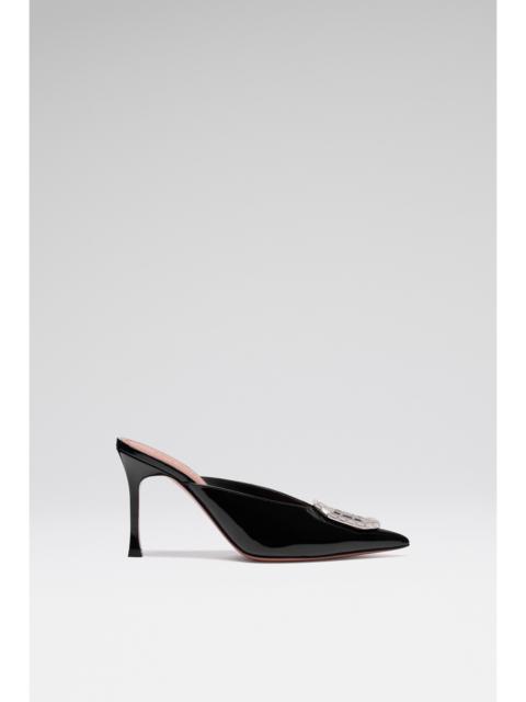 Amina Muaddi CAMELIA MULE 90 BLACK PATENT AND WHITE BUCKLE