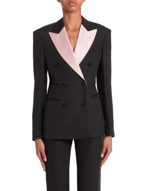 Contrast Lapel Wool & Silk Tuxedo Jacket in Black/Ballet Slipper