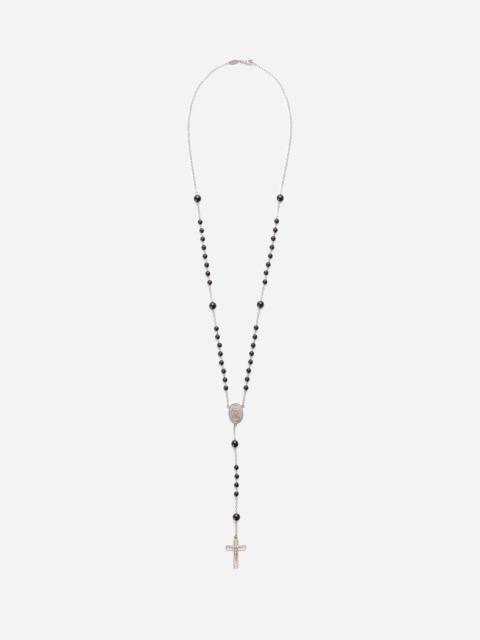 White gold Devotion rosary necklace with black jade spheres