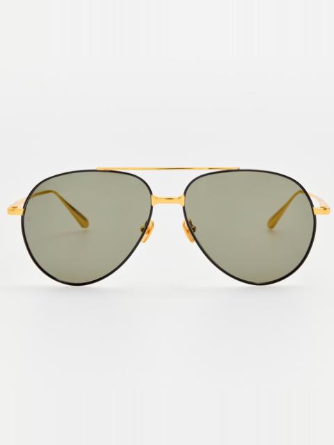 LINDA FARROW MEN'S MARCELO AVIATOR SUNGLASSES IN BLACK AND YELLOW GOLD