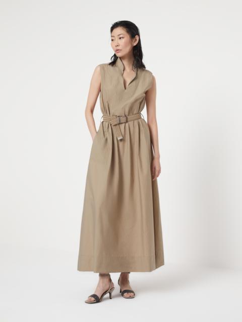 Techno cotton poplin dress with raffia belt and shiny trim