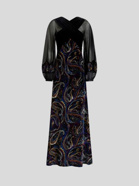 LONG VELVET DRESS WITH PAISLEY FOLIAGE MOTIF
