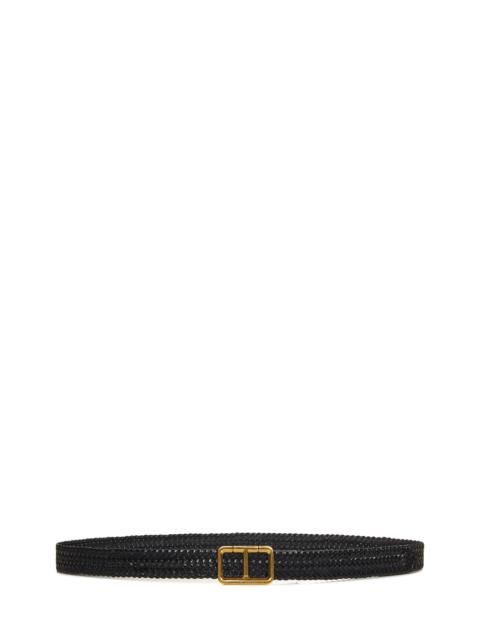 Black woven calfskin belt with golden metal T-shaped buckle.