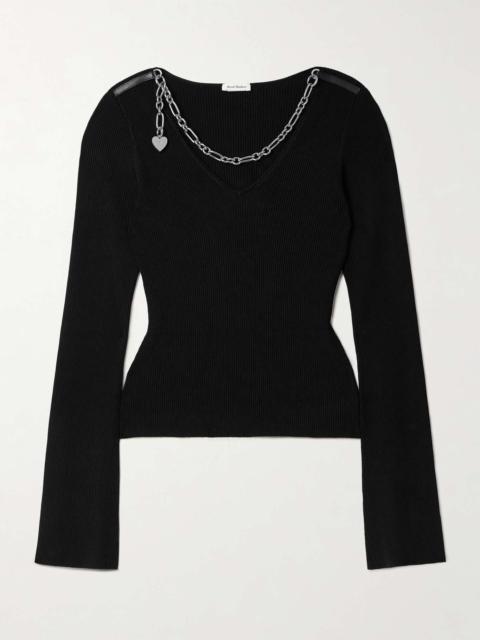 Acne Studios Chain-embellished leather-trimmed ribbed-knit sweater