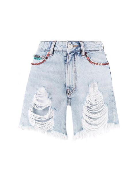PHILIPP PLEIN crystal-embellished ripped denim shorts