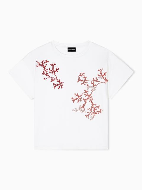 GIORGIO ARMANI SILK AND COTTON INTERLOCK T-SHIRT WITH CORAL EMBROIDERY