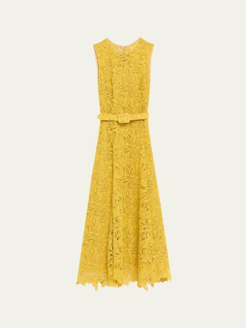 Oscar de la Renta Sleeveless Feather Scroll Guipure Midi Day Dress With Belt