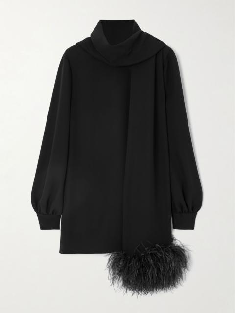 Valentino Feather-trimmed scarf-detailed silk crepe de chine blouse Black