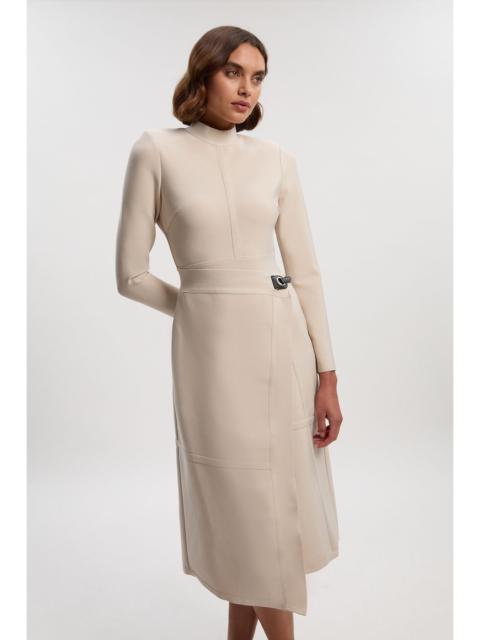 KAREN MILLEN Petite Figure Form Bandage Asymmetric Long Sleeve Knit Midi Dress