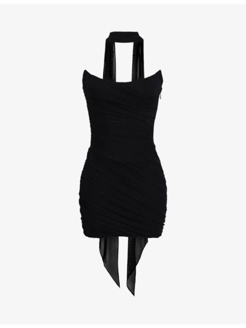House of CB Mariella Draped Stretch-Mesh Mini Dress