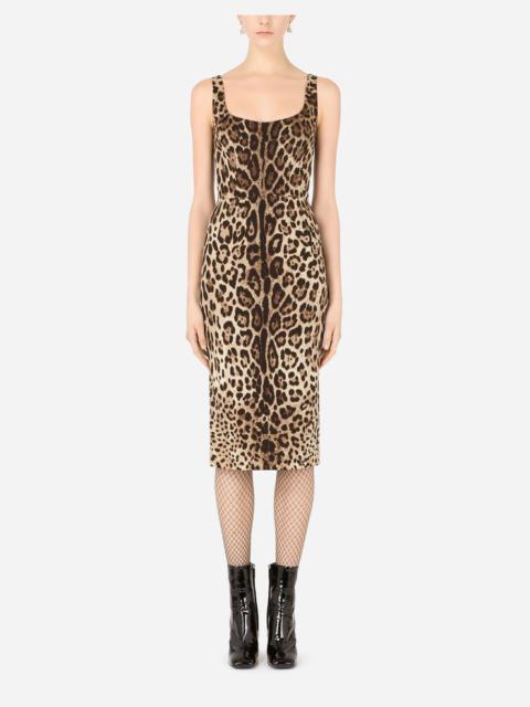 Charmeuse calf-length dress with leopard print