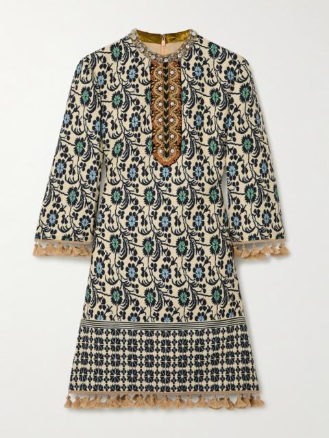 Valentino Embellished Tasseled Jacquard Mini Dress