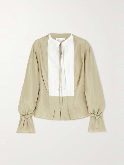Two-tone pintucked metallic silk blouse