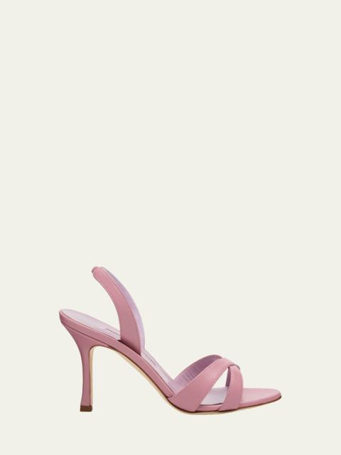 Manolo Blahnik 90mm Callasli Crossover Leather Slingback Sandals