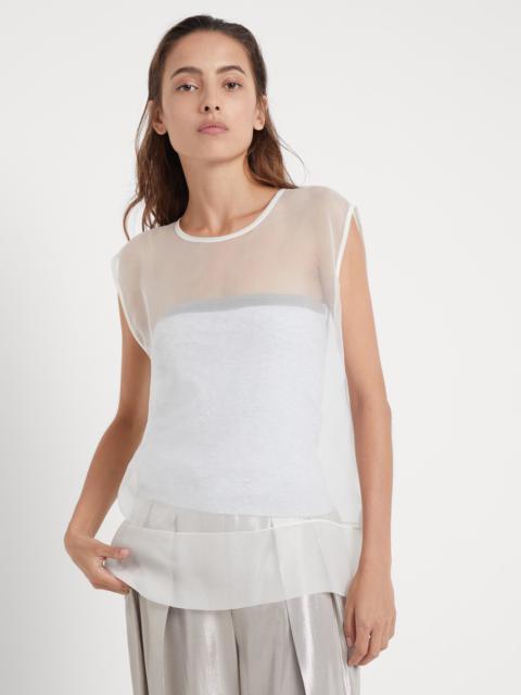 Brunello Cucinelli Crispy silk top with shiny trim bandeau in stretch cotton jersey