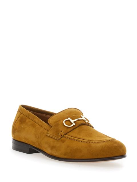 FERRAGAMO Brown Loafers with Almond Toe and Gancini Detail on the Front in Suede Woman Goat