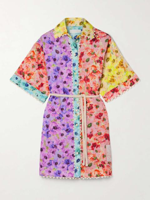 Lightburst belted crochet-trimmed floral-print cotton mini shirt dress