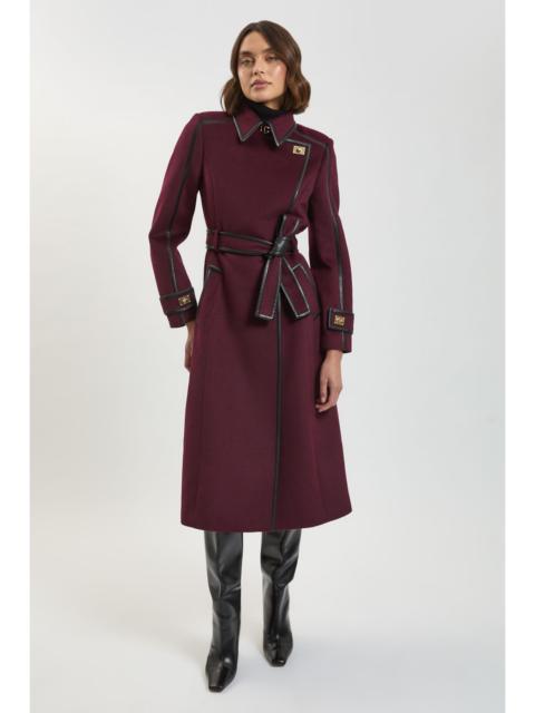 KAREN MILLEN Brushed Wool Pu Trim Belted Tailored Double Breasted Midi Coat
