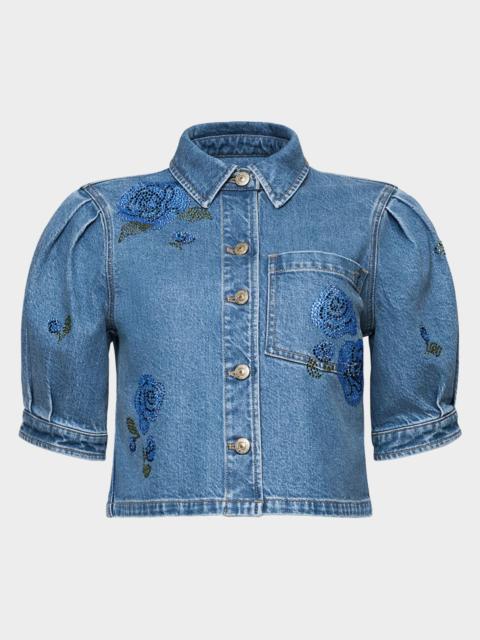 Cinq à Sept Cropped Heatset Roses Denim Jacket