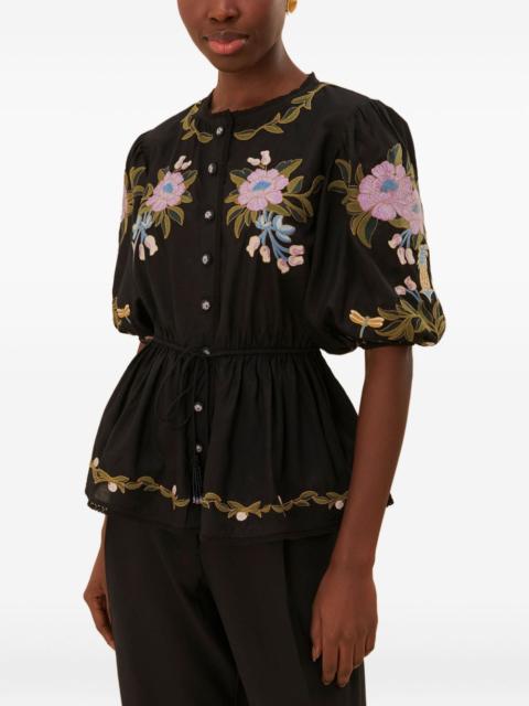 FARM RIO Winter Garden embroidered puff-sleeve top