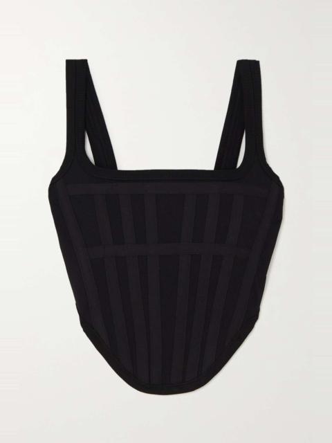 Cropped canvas-trimmed knitted cotton bustier top