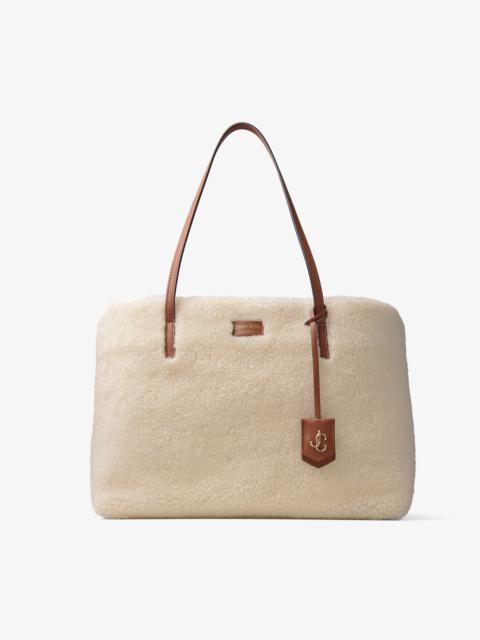 JIMMY CHOO Nine2five E/w
Natural Curly Shearling and Dark Tan Smooth Calf Leather Tote Handbag with JC Emblem