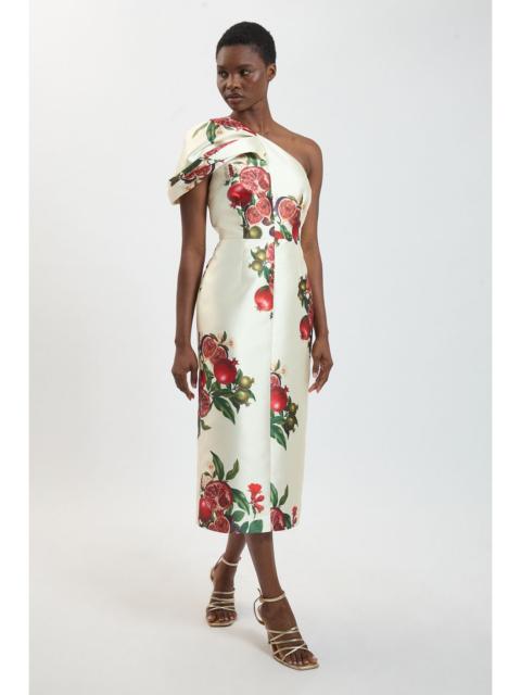 KAREN MILLEN Fruit Print One Shoulder Twill Midi Dress